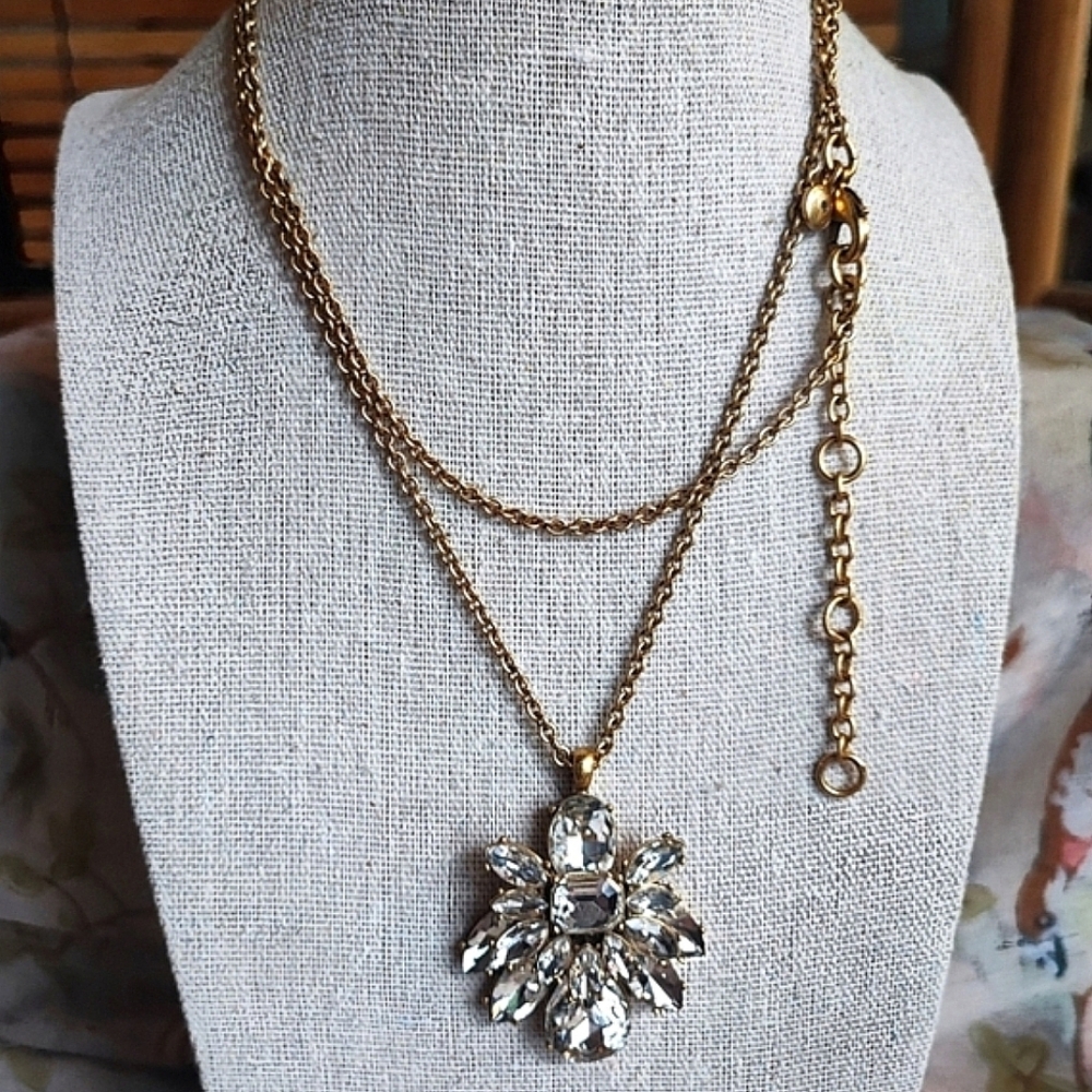 J. Crew Bling Marquis Teardrop Emerald Crystal Clear Stones Statement Necklace